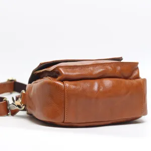 Vintage brown genuine leather crossbody bag for women, stylish square shoulder bag side view