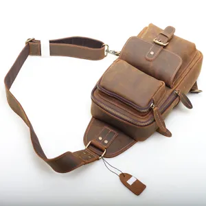 Vintage Crazy Horse Leather Men Chest Bag Multi-Pocket Sling Crossbody Shoulder Bag Casual