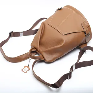 Brown genuine leather women backpack, stylish top cowhide anti-theft casual daypack.