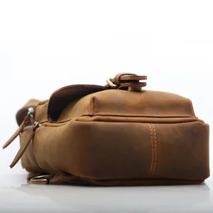 Men's vintage crazy horse leather chest bag, multi-compartment casual crossbody sling bag.