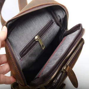 Men's vintage crazy horse leather chest bag multi-compartment casual crossbody sling bag