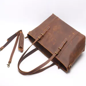Vintage genuine leather tote bag, crazy horse cowhide large commuting shoulder handbag.