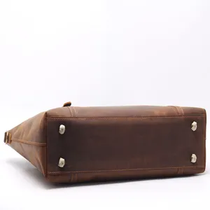 Vintage genuine leather tote bag bottom view large capacity brown cowhide shoulder bag