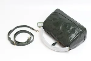 Classic green leather Boston handbag with strap, stylish vintage top handle crossbody bag.