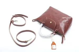 Brown genuine leather women shoulder bag casual tote handbag with detachable strap detail