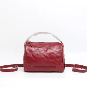 Women Vintage Boston Bag Top Layer Cowhide Leather Handbag Casual Commuting Crossbody Bag Fashion Satchel Purse