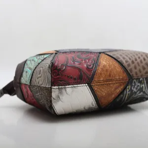 Genuine leather patchwork shoulder bag vintage style multi-color crossbody bag for women