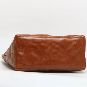 Brown leather tote bag bottom view, vintage soft casual shoulder bag for women daily commute