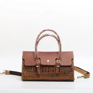 Retro Genuine Cowhide Leather Women Crossbody Bag Embossed Vintage Top Handle Handbag Casual Shoulder Bag