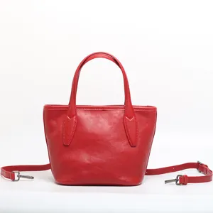 Genuine Leather Bucket Bag For Women Vintage Top Layer Cowhide Handbag Classic Solid Color Casual Shoulder Bag