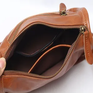 Brown leather shoulder bag women vintage commuter crossbody bag stylish handbag interior view