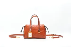 Retro genuine leather women handbag, stylish brown crossbody bag with top handle.