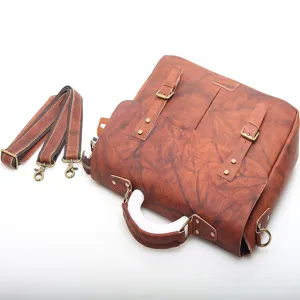 Vintage brown genuine leather men's briefcase messenger bag with shoulder strap and metal buckles