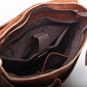 Brown genuine leather business laptop briefcase for men messenger shoulder bag interior view