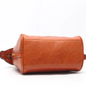 Classic retro brown genuine leather women handbag, elegant crossbody square shoulder bag.