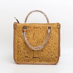 Genuine leather vintage embossed handbag, floral pattern top-handle square bag for women daily commute.