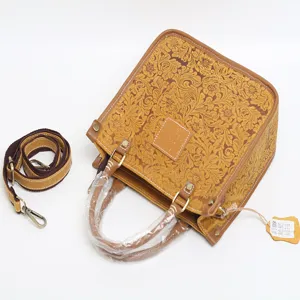 Genuine top layer cowhide leather women retro embossed shoulder crossbody square handbag