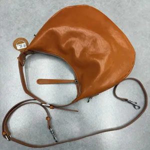 Genuine leather hobo shoulder bag for women, stylish brown crescent crossbody bag with strap