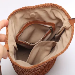 Echtes Leder Geflochtene Eimer Tasche Große Kapazität Vintage Schultertasche Damen