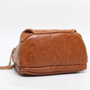 Genuine leather dome handbag for women, vintage brown casual shoulder and crossbody bag.