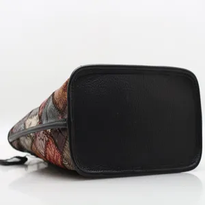 Vintage color-block patchwork leather bucket bag women's shoulder handbag square bottom.