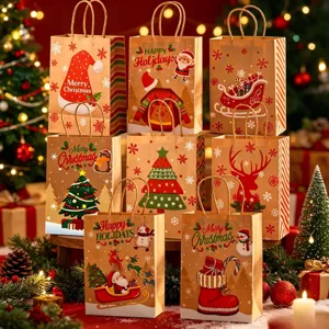 Christmas Kraft Paper Gift Bags With Handles Santa Claus Snowman Reindeer Pattern Holiday Party Favor Packaging Bag For Gifts