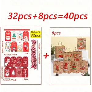 Festive Christmas gift set including 32 decorative tags, red twine, and 8 kraft paper bags