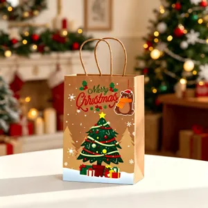 Festive Christmas kraft paper gift bag with tree and bear illustration