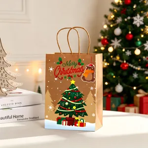 Christmas kraft paper gift bag featuring festive tree and bear design in warm setting