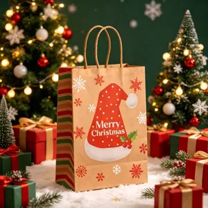 Detailed view of a Christmas kraft paper gift bag with a Santa hat design