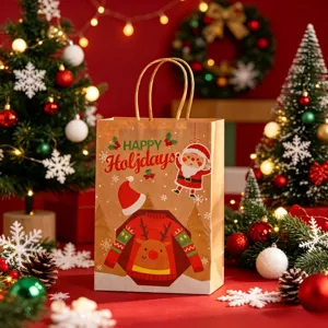 Detailed view of festive kraft paper Christmas gift bag with Santa and reindeer print.