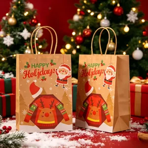 Festive Christmas kraft paper gift bags featuring Santa Claus and reindeer designs