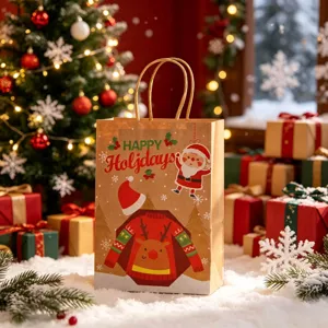 Close-up detail of festive Santa and reindeer sweater print on a brown kraft gift bag
