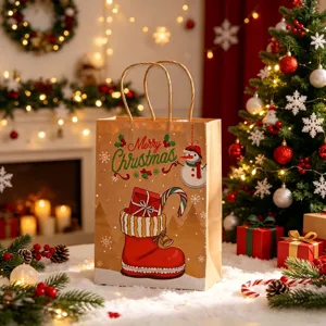 Close-up of festive Christmas kraft paper gift bag featuring a snowman and boot design