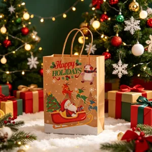 Close-up of a festive Christmas kraft paper gift bag with a Santa Claus illustration.