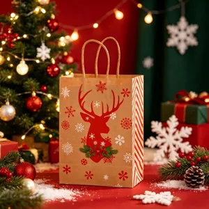 Festive Christmas kraft paper gift bag featuring a red reindeer head and snowflakes.