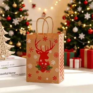 Close-up of a festive Christmas kraft paper bag with a red reindeer design