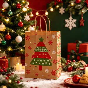Close-up of a Christmas kraft paper gift bag with a colorful tree design.