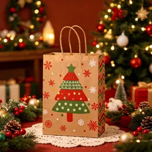 Detailed macro view of festive Christmas kraft paper gift bag with printed tree