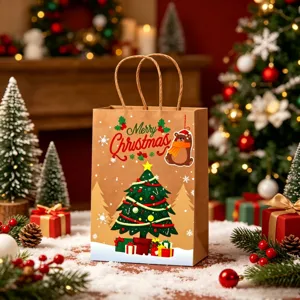 Festive Christmas tree printed kraft paper gift bag with handles on winter snow backdrop