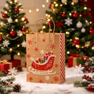 Christmas kraft paper gift bag with red sleigh pattern in holiday scene