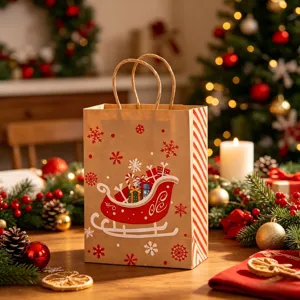 Close-up of a festive Christmas party kraft paper gift bag with a red sleigh design