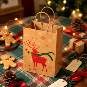 Christmas kraft paper gift bag with red reindeer print on festive background