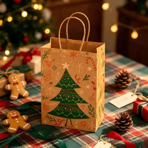 Festive kraft paper Christmas gift bag with tree patterns in a cozy holiday setting.