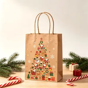 Detail of Christmas kraft paper bag with festive Santa and tree pattern print