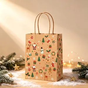 Full view of the festive Christmas kraft paper gift bag showing vibrant Santa patterns