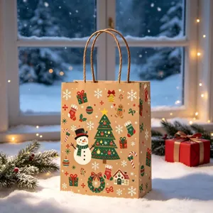 Detailed macro view of a Christmas kraft paper bag with snowman and tree illustrations
