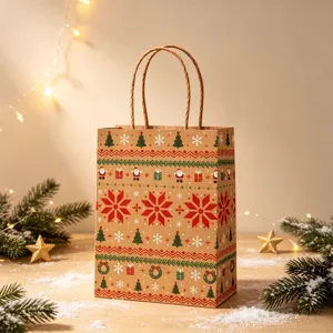 Detail view of festive Kraft paper Christmas gift bag with holiday pattern and handles.