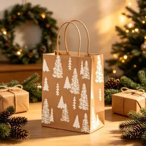 Close-up of brown Christmas kraft paper gift bag with white tree pattern and warm lights