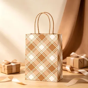 Brown plaid kraft paper gift bag with handles for Christmas parties and gift giving